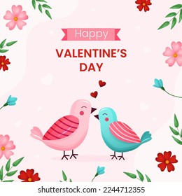 Vector square template greeting card for valentines day. Happy couple birds in love on pink background illustration. Flyer for celebrate event and social media.