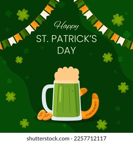 Vector square template greeting card for Saint Patrick's Day on 17 March. Beer, horseshoe, golden coins and clovers on green background illustration. Flyer for celebrate event and social media