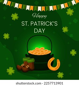 Vector square template greeting card for Saint Patrick's Day. Pot of gold coins, shoes, horseshoe, and clovers on green background illustration. Flyer for celebrate event and social media.