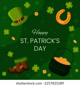 Vector square template greeting card for Saint Patrick's Day on 17 March. Hat, horseshoe, pot golden coins and clovers on green background illustration. Flyer for celebrate event and social media.