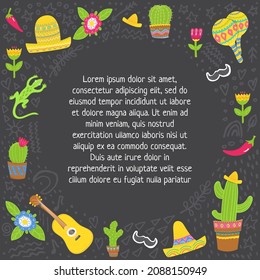 Vector square template in Mexican style. Frame with colorful flat elements and texture upon black background can be used for invitations, tickets, vouchers, posters and other designs with your text