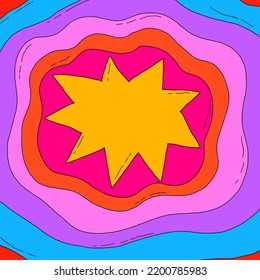 vector square template for social media.Rainbow copy space.Text box frame with waves,vibrant colors,star.1970 psychedelic hippie background.Naive vintage blank.feel good publication.abstract bubble