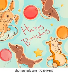 Vector square template  with space for text. Frame with animals and balloons. Cartoon  printable illustration. Can be used for celebration, birthday greeting, invitation, baby shower, tag, label, web