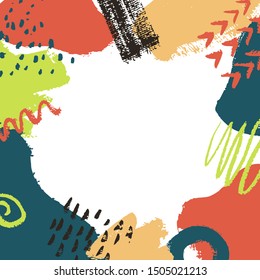 vector square texture frame of bright colored spots, dry brush strokes, dots and lines. Suitable for decoration, banners, flyers, postcards and advertising.