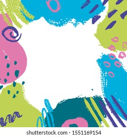 vector square texture frame of bright colored spots, dry brush strokes, dots and lines. Suitable for decoration, banners, flyers, postcards and advertising.