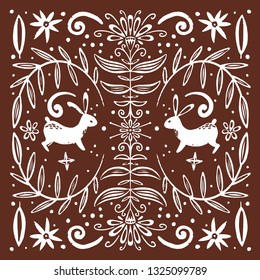 Vector square tile with folk rustic patterns. Vector illustration