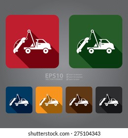 Vector : Square Tow Car Service Flat Long Shadow Style Icon, Label, Sticker, Sign or Banner Isolated on White Background