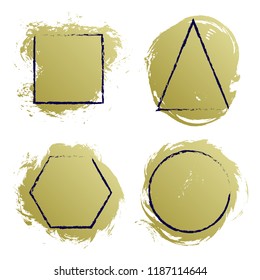 Vector square, triangle, hexagon and round circle painted black frames on gold brush stroke background. Geometric shapes borders, frame lines on textured paint dab isolated elements.