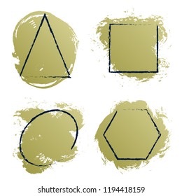 Vector square, triangle, oval and hexagon painted black frames on gold brush stroke background. Geometric shapes borders, frame lines on textured paint dab isolated elements.