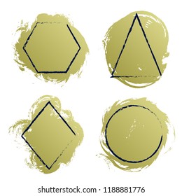 Vector square, triangle, rhombus and hexagon painted black frames on gold brush stroke background. Geometric shapes borders, frame lines on textured paint dab isolated elements.