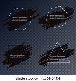Vector square, triangle, rhombus, hexagon and round circle painted frames on black brush stroke background. Geometric shapes borders, frame lines on textured paint dab isolated design elements.

