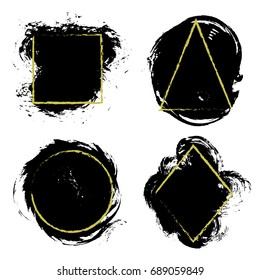 Vector square, triangle, rhombus and round circle painted frames on black brush stroke background. Geometric shapes borders, frame lines on textured paint dab dirty design elements.