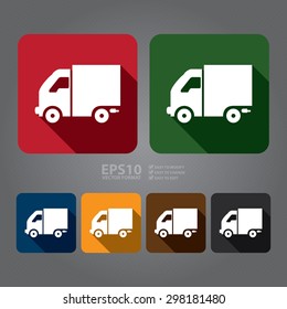 Vector : Square Truck, Lorry, Van, Freight Car Flat Long Shadow Style Icon, Label, Sticker, Sign or Banner 