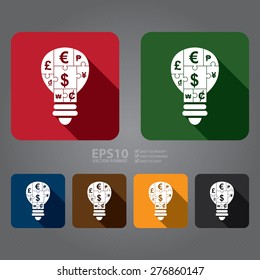Vector : Square Various Currency Sign Puzzle in Light Bulb Flat Long Shadow Style Icon, Label, Sticker, Sign or Banner