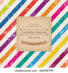 Vector square vintage cardboard label over multicolored weathered background with diagonal stripes. Old paper grungy texture. Retro style.