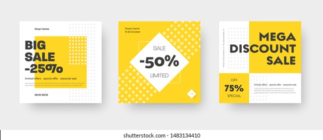 Vector square web banner templates for big and mega sale with yellow square elements. Set for discounts. Social Media Design