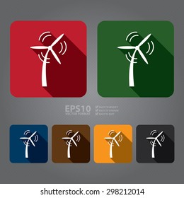 Vector : Square Wind Turbine, Wind Energy, Wind Power Technology Flat Long Shadow Style Icon, Label, Sticker, Sign or Banner