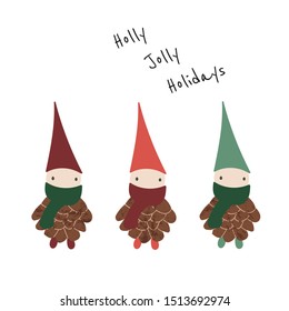 Vector square Winter holidays greeting card. Three christmas elves. Hand drawn minimalistic illustration. Scandinavian style. 