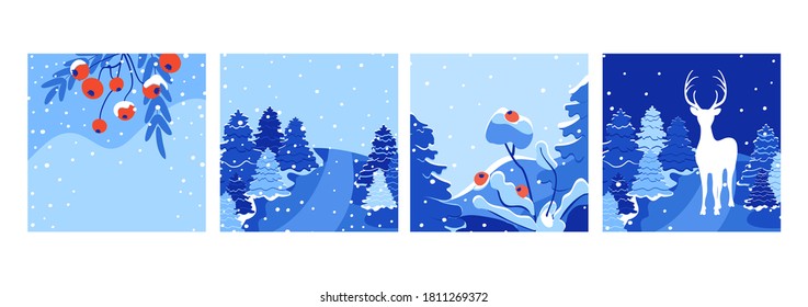 Vector square winter holidays greeting cards set. Holiday winter landscape. Merry Christmas greeting card design with falling snow, New Year tree and deer. Suitable for social media post, mobile apps