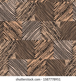 Vector square wooden slices seamless pattern. Hand-drawn timber floor in brown color. Grunge repeat design.