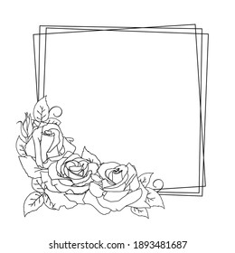 Vector square wreath with bouquet of outline Roses flowers isolated on white background. Hand drawn rose petals and leaves. Floral frame. Graphic elements for cut, print, logo, monograms.  