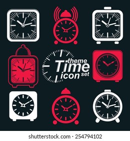 Vector squared 3d alarm clocks with clock bell, decorative wake up conceptual icons collection. Graphic design elements. get up theme. Waiter ringing invert symbols.