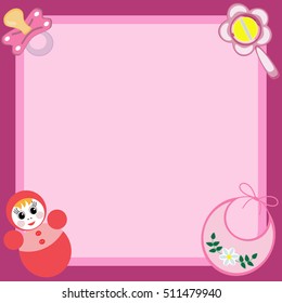 Vector squared card with pictures of children's subjects: tumbler, pacifier, beanbag, bib.