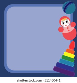 Vector squared card with pictures of children's subjects: tumbler, ball, pyramid.