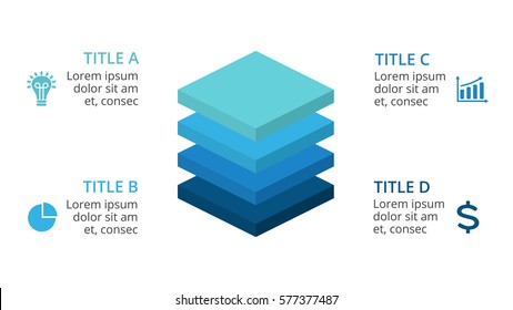 Vector squares 3D infographic, layers diagram chart, graph presentation. Business infographics startup concept with 4 options, parts, steps, processes. 16x9 slide template.