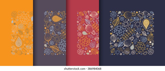 Vector squares of doodled flowers and leaves. Square shape emblems collection of flowers. Colorful doodles elements set. Valentines day card, herbs and flowers doodles in cold and warm colors. 