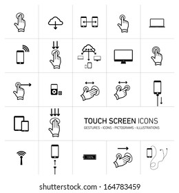 Vector squares illustration with icons, typography and pictograms of hands, fingers, phones, tablets and other touch screen devices | black on white background