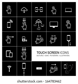Vector squares illustration with icons, typography and pictograms of hands, fingers, phones, tablets and other touch screen devices | white on black background