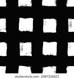 Vector squares pattern. Seamless black and white brush stroke background. Polka dot from squares print with distress texture. Painted ornament for kids. Childish design