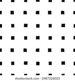 Vector squares pattern. Seamless black and white brush stroke background. Polka dot from squares print with distress texture. Painted ornament for kids. Childish design