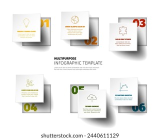 Vector squares progress steps template with descriptions and icons with color numbers in the light background. Six buttons with holes.