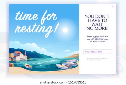 Vector Squeeze Page Design Template With Beautiful Flat Europe Harbour Landscape Illustration And Email Text Box. Special Offer Season Concept. For Traveling Firm And Agency Mailing, Discount Programs