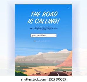 Vector squeeze page design template with beautiful flat canyon landscape illustration and email text box. Special offer season concept. For traveling firm and agency mailing, discount programs etc.