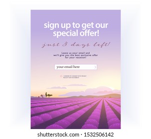 Vector squeeze page design template with beautiful flat lavender field landscape illustration and email text box. Special offer season concept. For traveling firm and agency mailing, discount programs