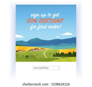 Vector squeeze page design template with beautiful flat village farm landscape illustration and email text box. Special offer for dairy products mailing, discount programs etc. concept.