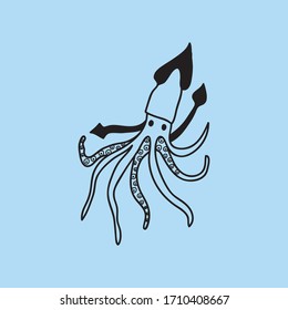 icono de la línea de doodle del calamar vectorial