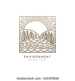 Vector squire logo of nature elements. Linear icon of landscape with trees, river, fields and sun - business emblems, badge for a travel, farming and ecology concepts, health and yoga Center.