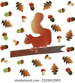 Vector squirell with acorns, mushrooms, oak seeds and leaves. Autumn theme.