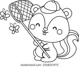 a vector of a squirrel catching bug in black and white coloring