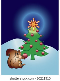 vector squirrel decorating living Christmas tree