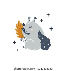 Vector squirrel with leaf and stars Forest animal clipart Woodland animal on white background