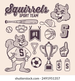 Vector of Squirrel Mascot Vintage Hand Drawn Object Set