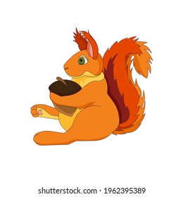 Vector squirrel sitting and keeping a nut in Cartoon style, orange wild rodent with a nut on white isolated background for prints, stickers, patterns, postcards, icons for social media and websites.