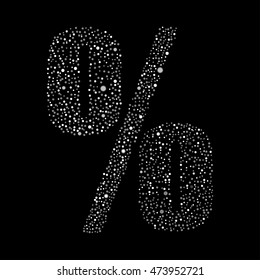 Vector srandom small dots sign commercial percent. Glitter font shape of white dots, points, circles. Dotted template symbol letters. Sign or mark with randomly disposed spots. Store, retail.