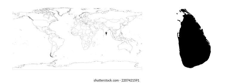 Vector Sri Lanka map showing country location on world map and solid map for Sri Lanka on white background. File is suitable for digital editing and prints of all sizes.