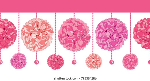 Vector Srt of Dangling Pink Birthday Party Paper Pom Poms and Beads Set Horizontal Seamless Repeat Border Pattern. Great for handmade cards, invitations, wallpaper, packaging, nursery designs.